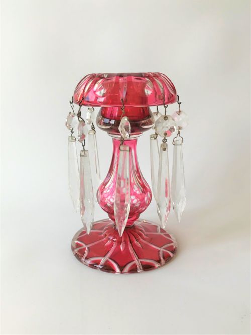 A Small Victorian Cranberry Cut Glass Lustre