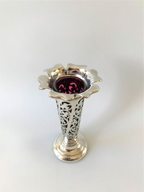 fig 1. A lovely Edwardian silver & cranberry glass trumpet vase