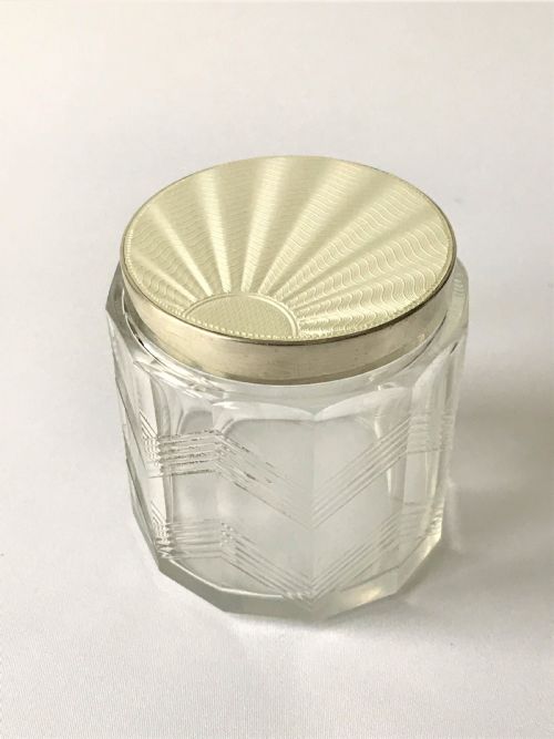 A Fabulous Art Deco Silver & Guilloche Enamel Vanity Jar
