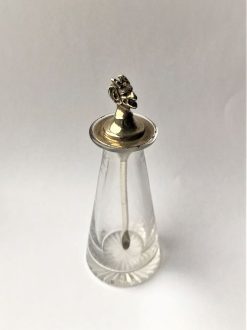 A Desirable Silver & Glass 'Devil's Head' Cayenne Bottle & Spoon