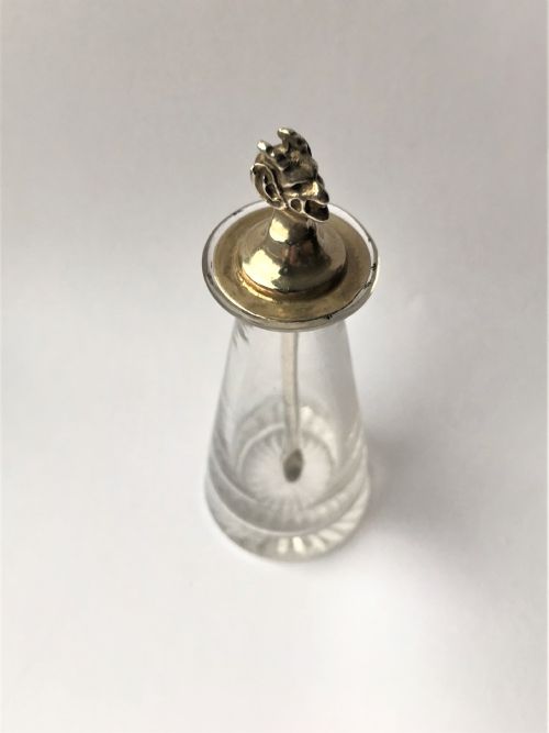 fig 1. A desirable silver & glass 'devil's head' cayenne bottle & spoon
