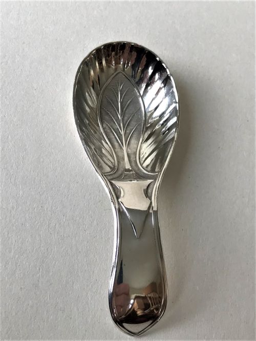fig 1. A rare early Sheffield silver leaf shaped caddy spoon