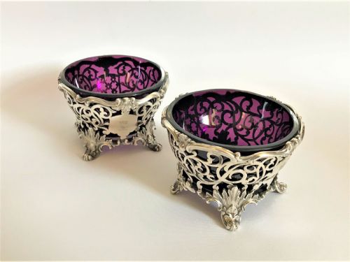 A Magnificent Pair of Silver & Amethyst Glass Condiment Tubs