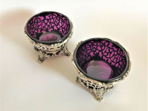 fig 1. A magnificent pair of silver & amethyst glass condiment tubs