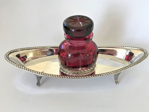 A Fabulous Victorian Silver & Cranberry Ink Stand