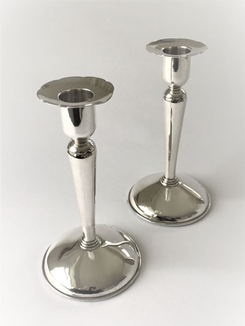 A Stylish Pair of Coronation Mark Silver Candle Sticks