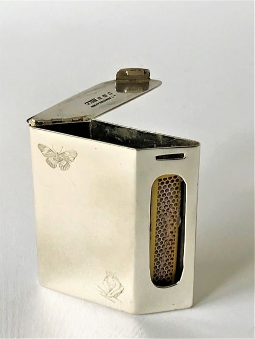 A Butterfly & Monkey Engraved Silver Match Box Holder