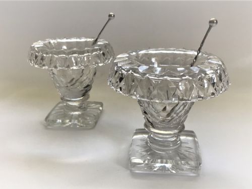 A Pair of Cut Glass Victorian Condiment Bowls with Silver Spoons