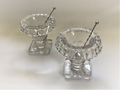 fig 1. A pair of cut glass Victorian condiment bowls with silver spoons