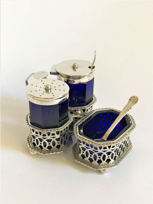 A Superb Victorian Silver & Glass Three Piece Cruet with Spoons