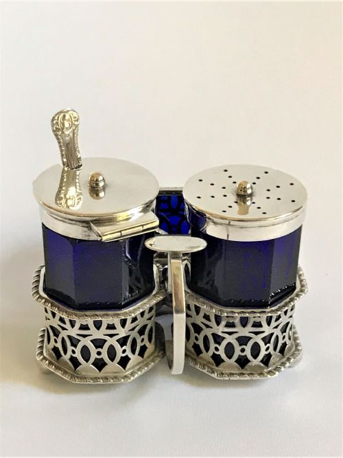 fig 1. A superb Victorian silver & glass three piece cruet with spoons