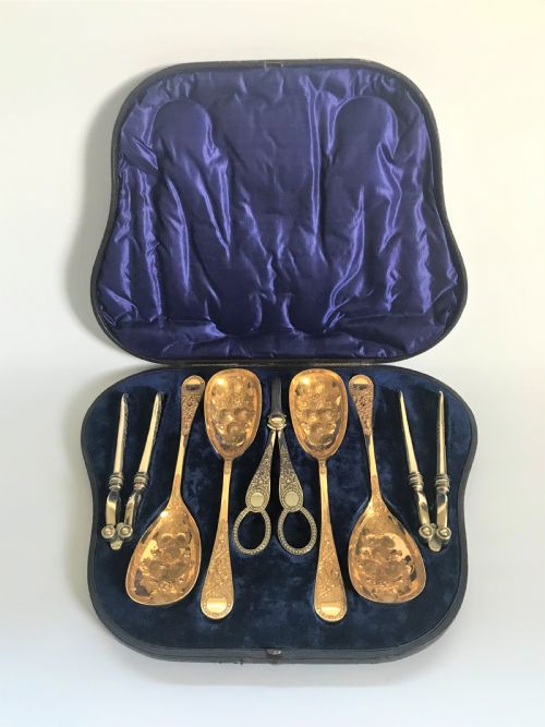 A Fabulous Boxed Victorian Gilded Silver Plate Dessert Set