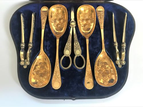 fig 1. A fabulous boxed Victorian gilded silver plate dessert set