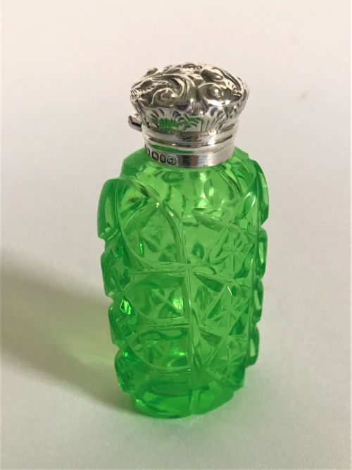 A Rare Victorian Silver & Uranium Glass Scent Bottle