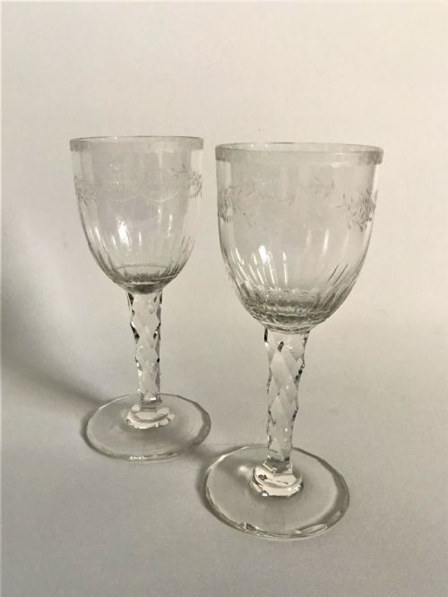 A Superb Pair of Cut and Etched Cordial Glasses