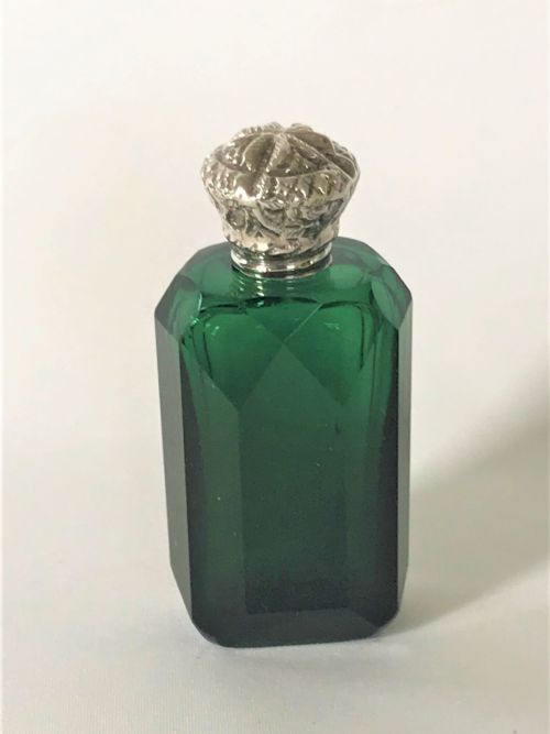 A Gorgeous Bristol Green Silver Mounted Scent Bottle