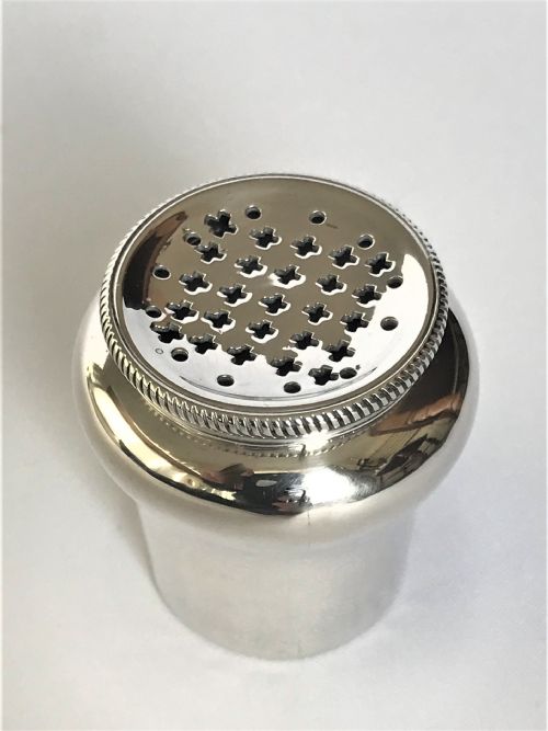 fig 1. A Magdalen Feline hallmarked 18th Century silver pounce pot