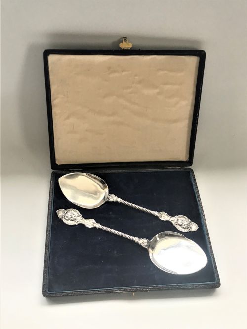A Superb Pair of Boxed Cast Silver Preserve Spoons