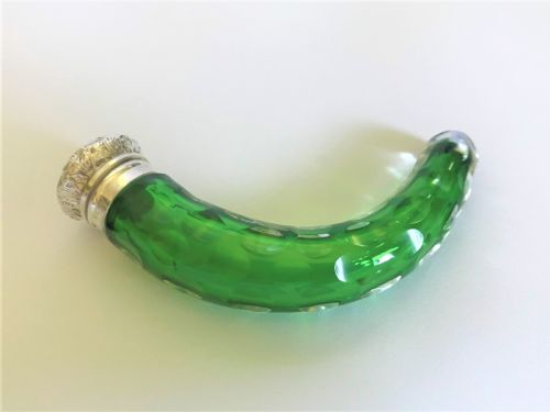 An Edwardian Silver Mounted 'Cornucopia' Emerald Green Scent Bottle