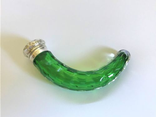 fig 1. An Edwardian silver mounted 'cornucopia' emerald green scent bottle