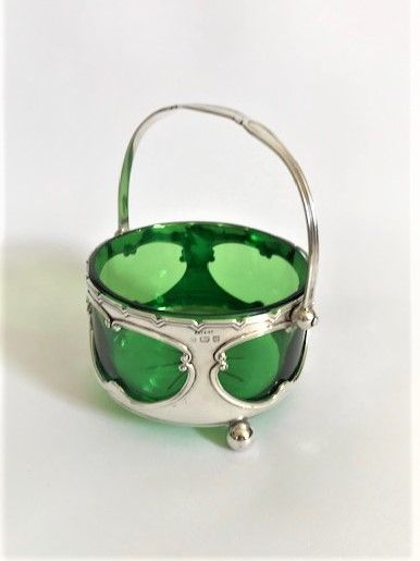 A Gorgeous Edwardian Silver & Green Glass Swing Handled Basket