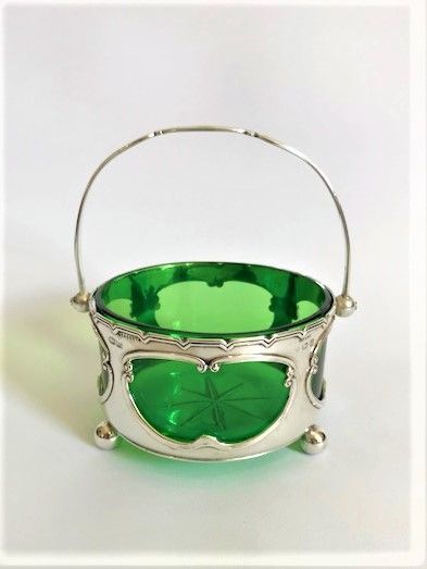 fig 1. A gorgeous Edwardian silver & green glass swing handled basket