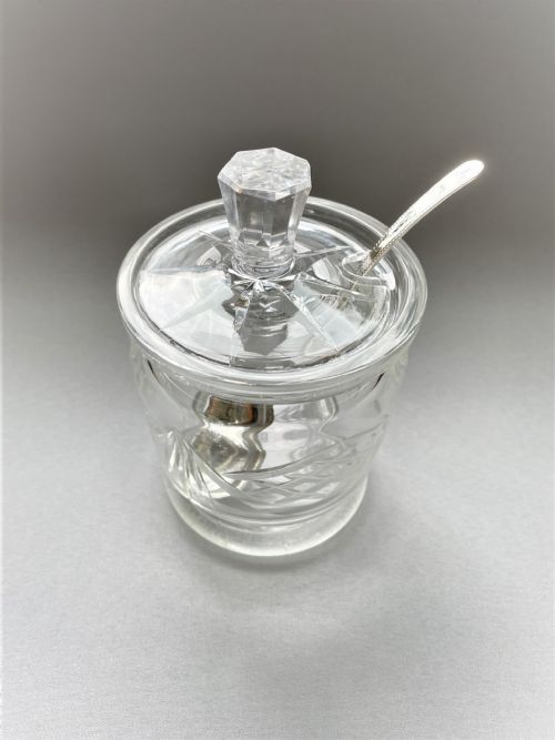 fig 1. A cut glass Edwardian preserve jar with hallmarked silver spoon