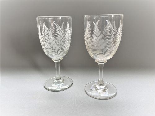 A Lovely Pair of Fern Etched Victorian Wine Goblets