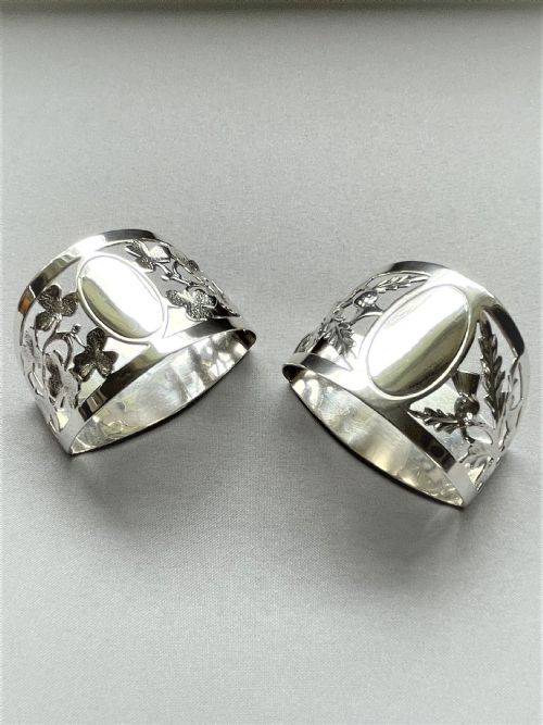 A Superior Pair of Scottish/irish Themed Silver Napkin Rings