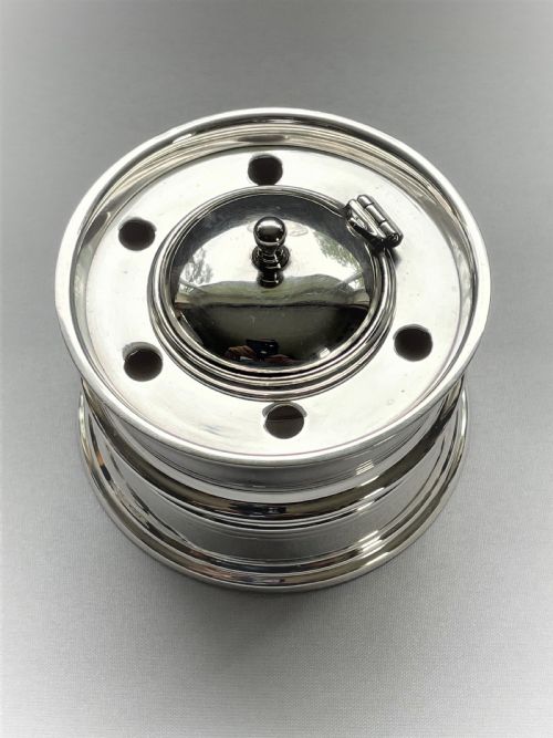 fig 1. A handsome Barnard Family silver 'fishing reel' inkwell