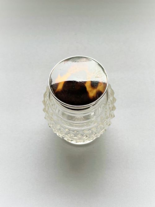 A Lovely Silver & Tortoiseshell Mounted Cut Glass Jar