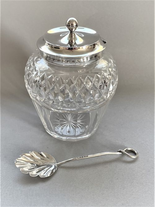 A Stylish Edwardian Silver & Cut Glass Preserve Jar & Spoon