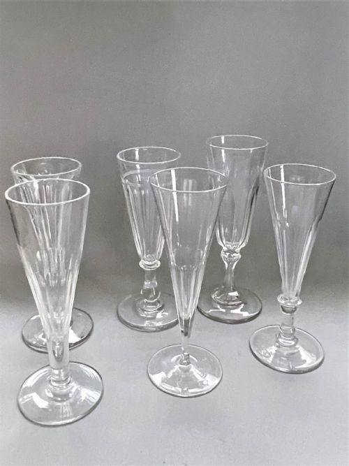 fig 1. A harlequin set of 6 Victorian champagne flutes