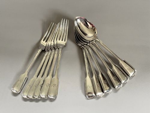 An Outstanding 12 Piece Silver Dessert Set in Fiddle & Thread Pattern