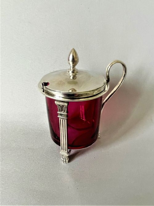 A Fabulous French Empire Period Silver & Cranberry Glass Mustard Pot