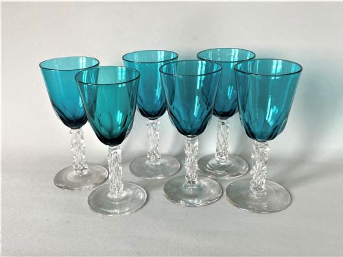 An Unusual Set of 6 Victorian Aquamarine Bowl Wine Glasses