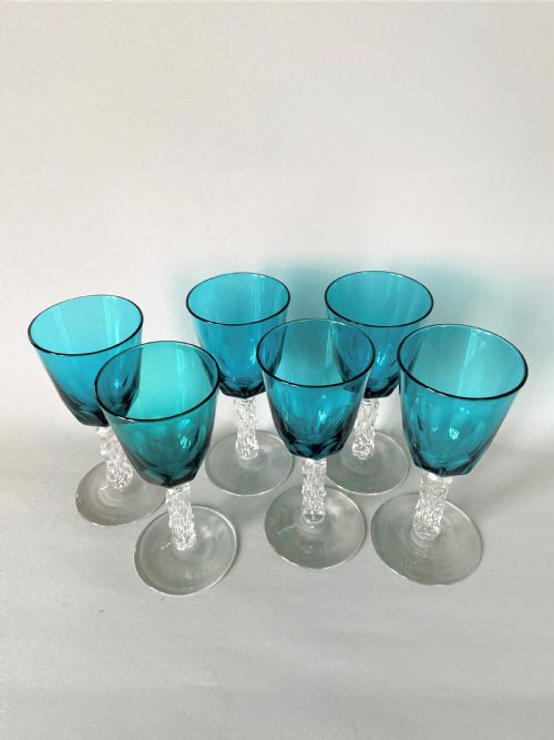 fig 1. An unusual set of 6 Victorian aquamarine bowl wine glasses