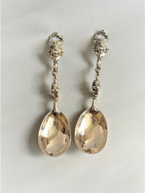 A Spectacular Quality Pair of German Silver Gilt Serving Spoons
