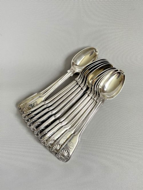 A Superb Set of 12 Victorian Silver Fiddle, Thread & Shell Teaspoons