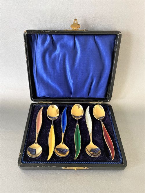 A Boxed Set of Silver & Enamel Norwegian Demi-tasse Spoons