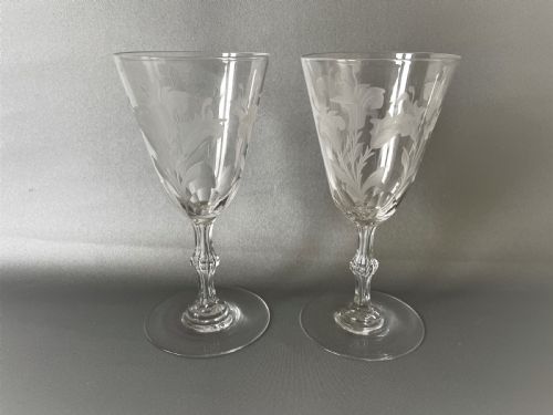 A Lovely Pair of Victorian Lily Etched Wine Glasses