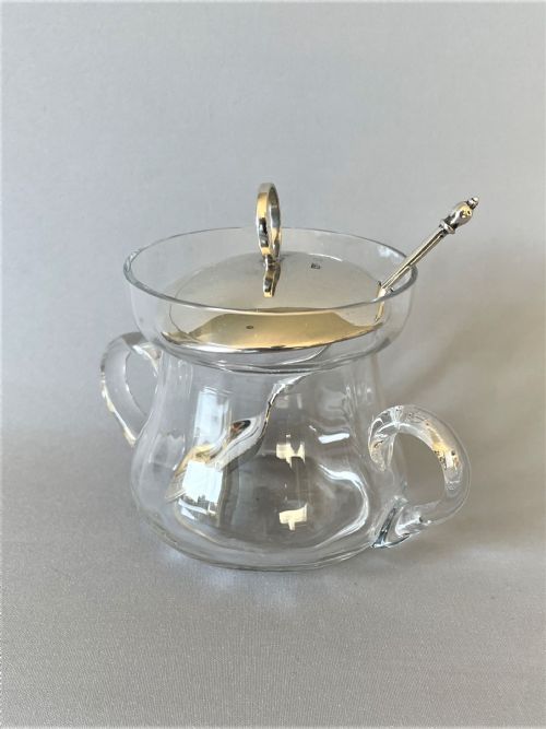 A Silver Mounted Preserve Jar with Hallmarked Silver Spoon