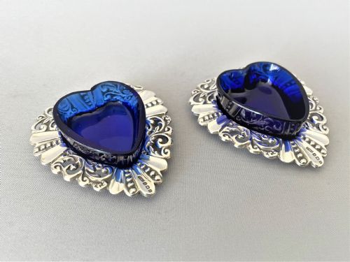 A Pair of Edwardian Silver & Glass Heart Shaped Salt Dishes