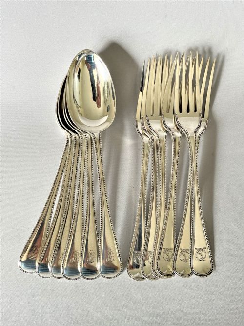 A Wonderful 12 Piece Victorian Silver Dessert in Bead Pattern