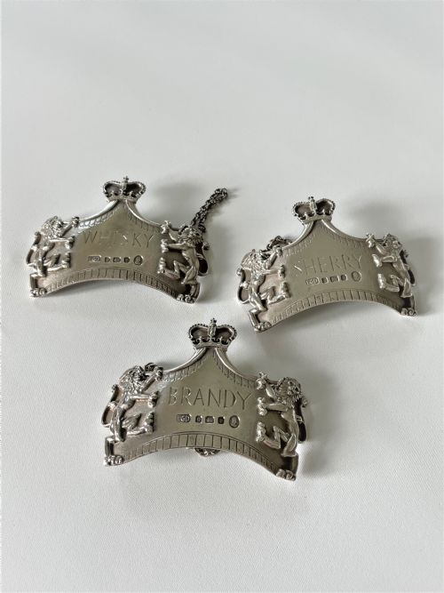 A Spectacular Set of 3 Leslie Gorden Durbin Silver Coronation Decanter Labels