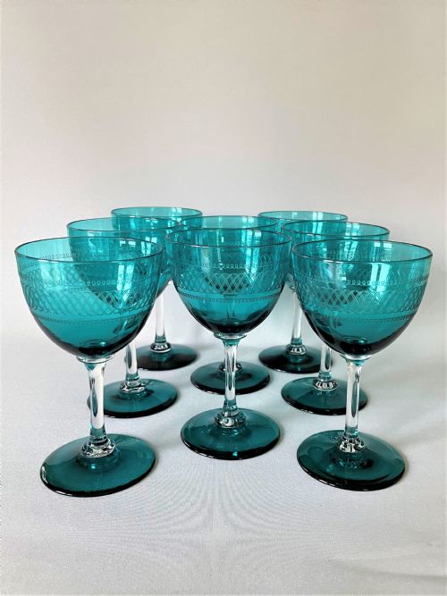 A Fabulous Set of 8 Victorian Pale Green Wine Glasses