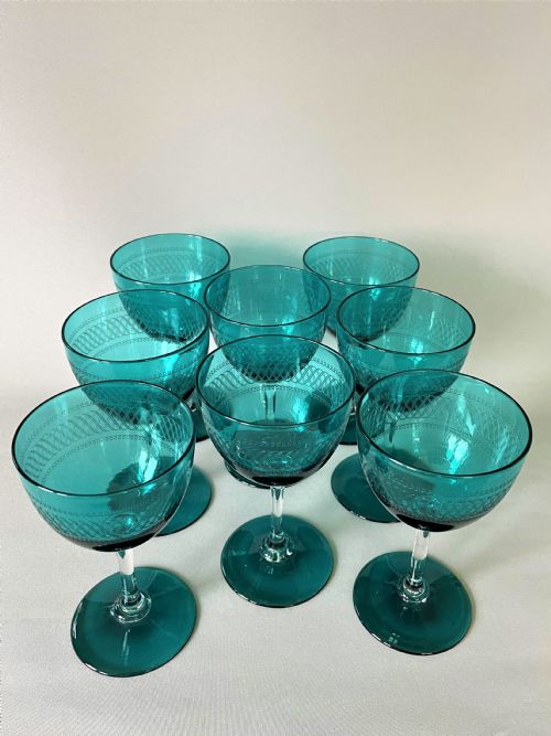 fig 1. A fabulous set of 8 Victorian pale green wine glasses