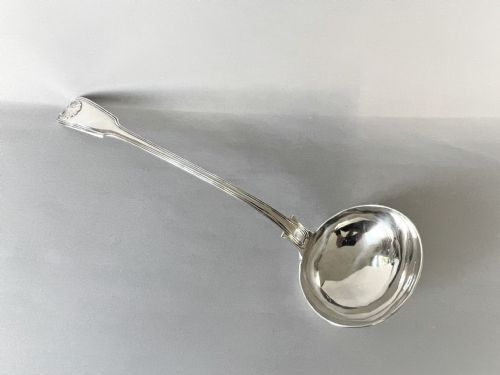 fig 1. A superb Colonial, Fiddle, thread & shell silver soup ladle