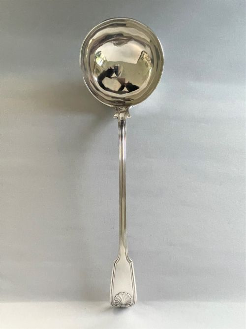 A Superb Colonial, Fiddle, Thread & Shell Silver Soup Ladle