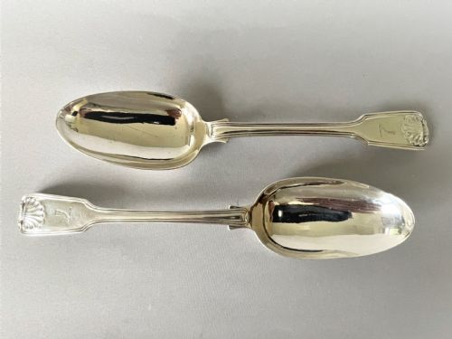 A Handsome Pair of Georgian Silver Fiddle, Thread & Shell Table Spoons